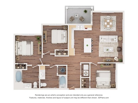 Floor plan for 3 beds, 2 baths, 1217 sqft